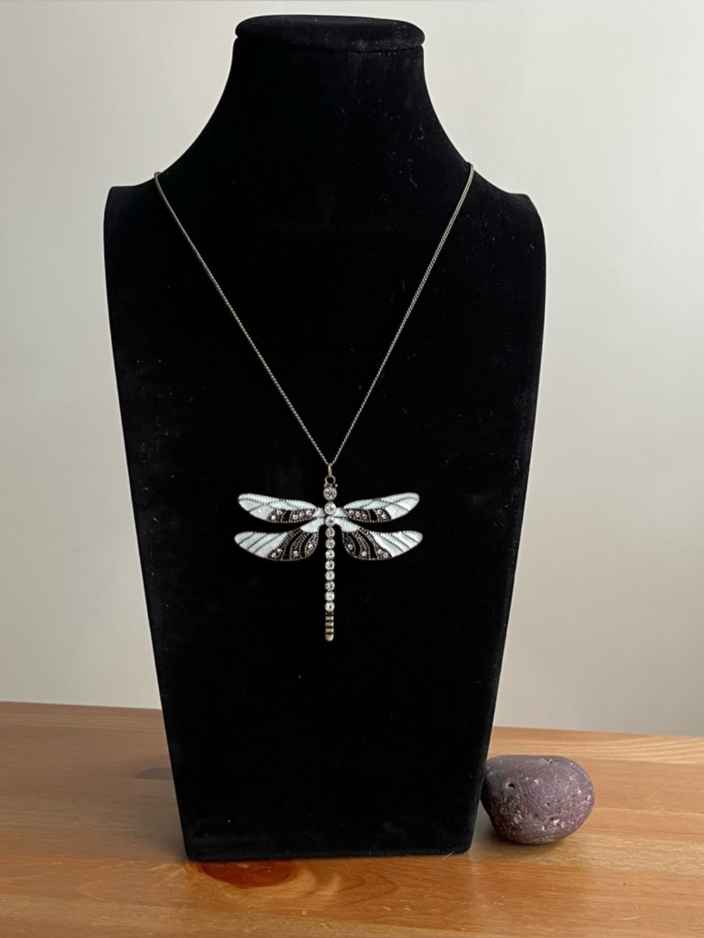 Dragonfly pendant necklace with ivory-colored  enamel and rhinestone pieces